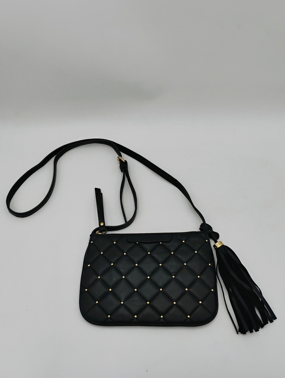 Isaac Mizrahi Genuine Leather Black Quilted Studded Shoulder Bag Crossbody Purse